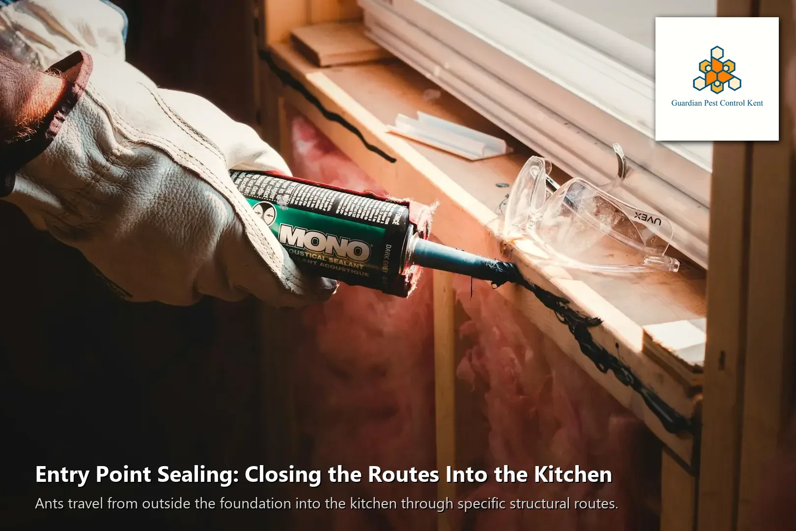 Applying caulk to seal gap around kitchen window frame to block ant entry in Kent WA