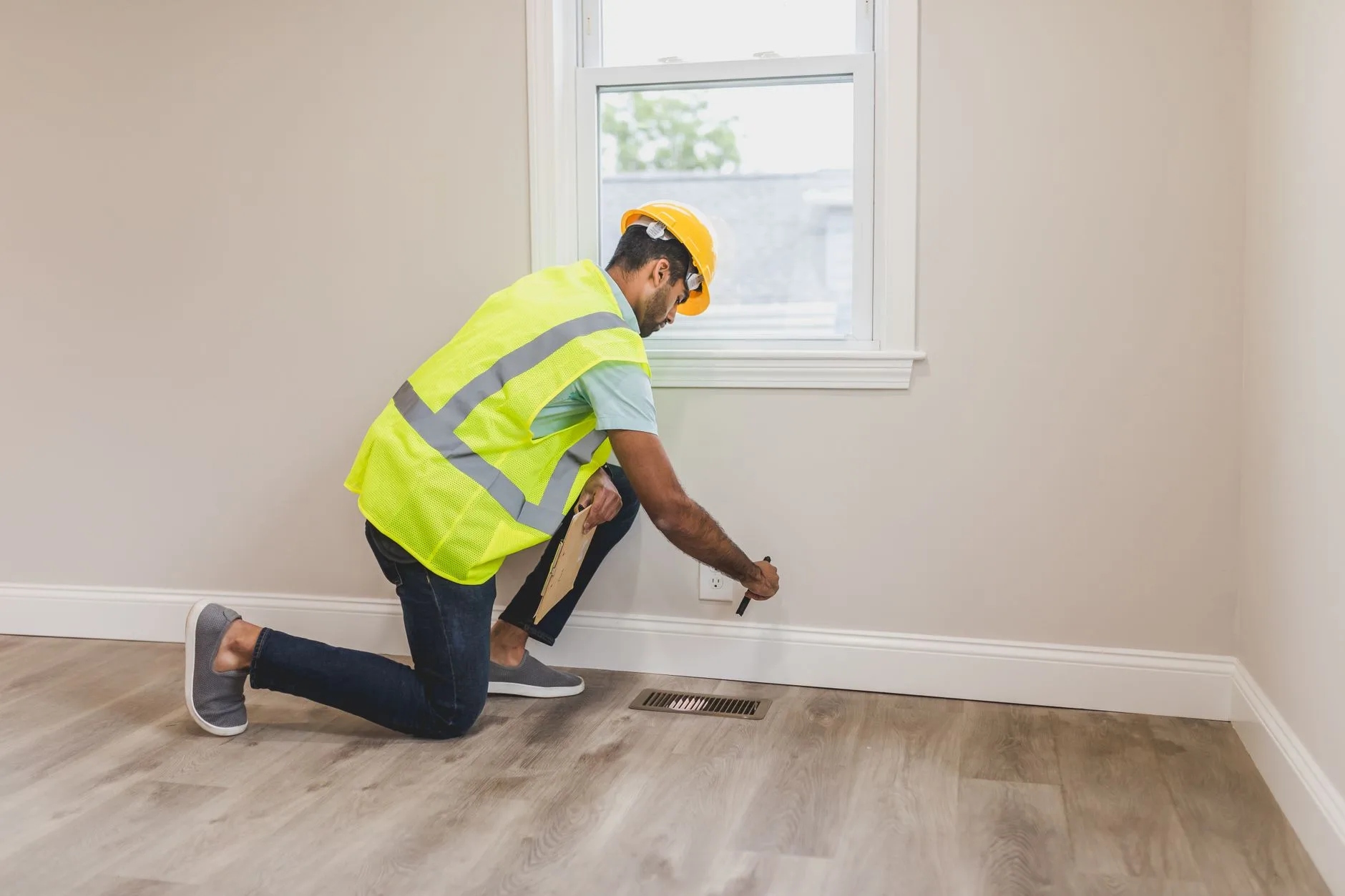 Pest control technician inspecting baseboard during treatment visit in Kent WA home