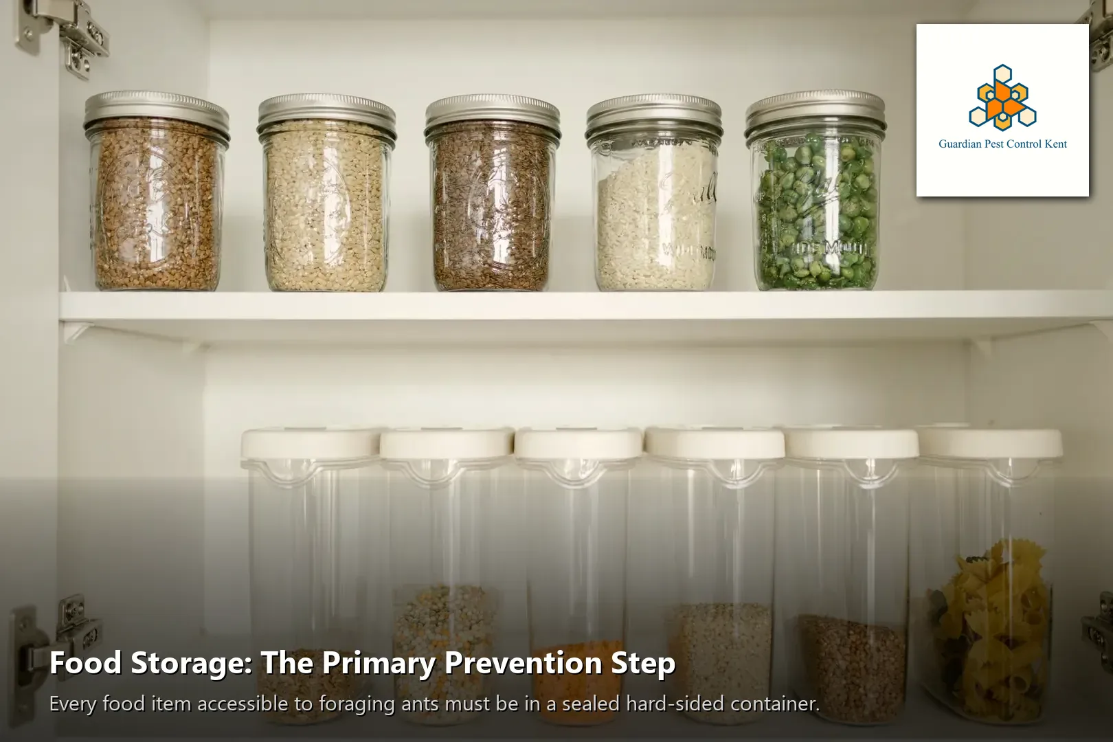 Airtight food storage containers on kitchen shelf preventing ants in Kent WA