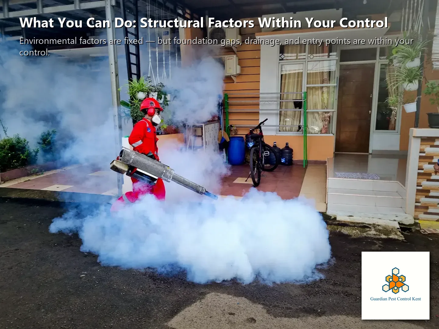 Pest control technician inspecting foundation vulnerabilities of Kent WA home